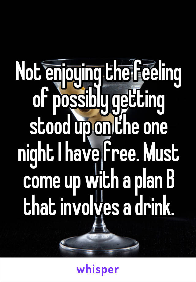 Not enjoying the feeling of possibly getting stood up on the one night I have free. Must come up with a plan B that involves a drink.