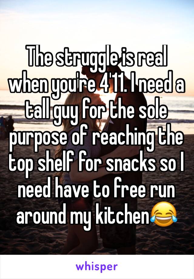 The struggle is real when you're 4'11. I need a tall guy for the sole purpose of reaching the top shelf for snacks so I need have to free run around my kitchen😂