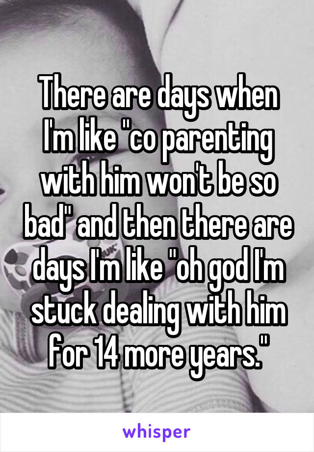 There are days when I'm like "co parenting with him won't be so bad" and then there are days I'm like "oh god I'm stuck dealing with him for 14 more years."