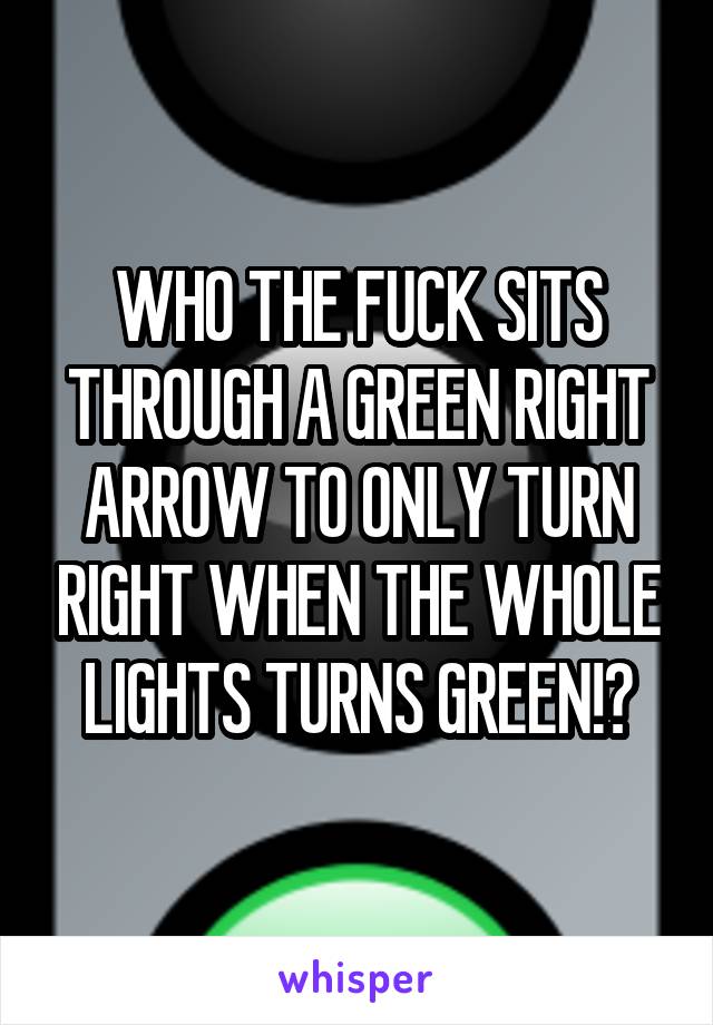 WHO THE FUCK SITS THROUGH A GREEN RIGHT ARROW TO ONLY TURN RIGHT WHEN THE WHOLE LIGHTS TURNS GREEN!?