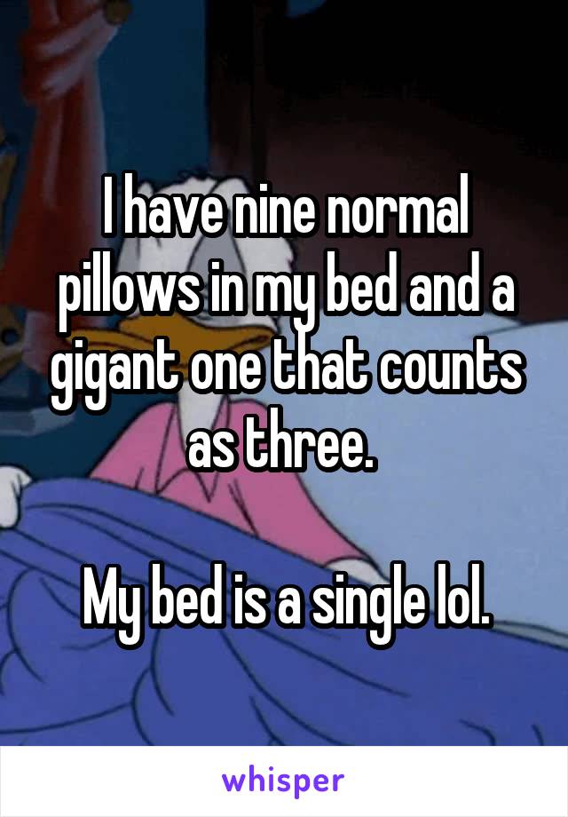 I have nine normal pillows in my bed and a gigant one that counts as three. 

My bed is a single lol.