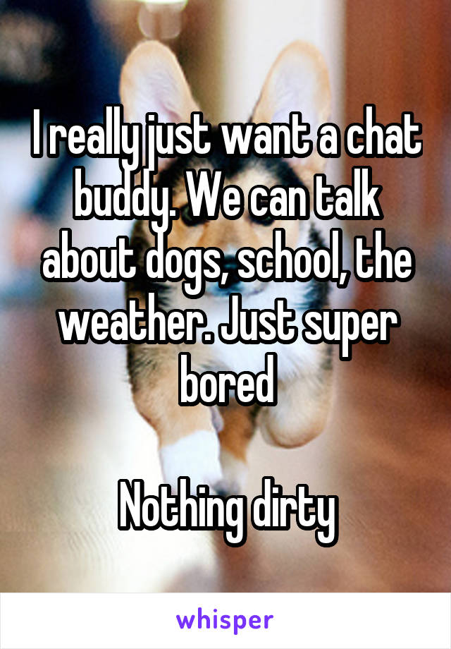 I really just want a chat buddy. We can talk about dogs, school, the weather. Just super bored

Nothing dirty