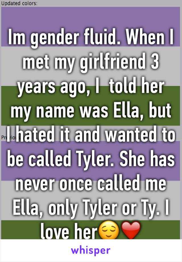 Im gender fluid. When I met my girlfriend 3 years ago, I  told her my name was Ella, but I hated it and wanted to be called Tyler. She has never once called me Ella, only Tyler or Ty. I love her😌❤️