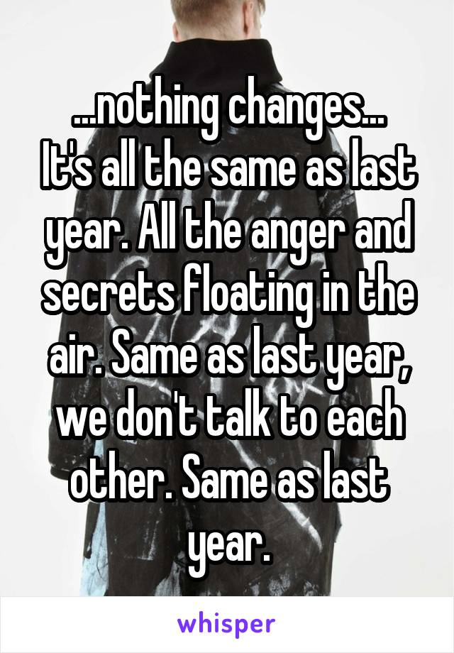 ...nothing changes...
It's all the same as last year. All the anger and secrets floating in the air. Same as last year, we don't talk to each other. Same as last year.