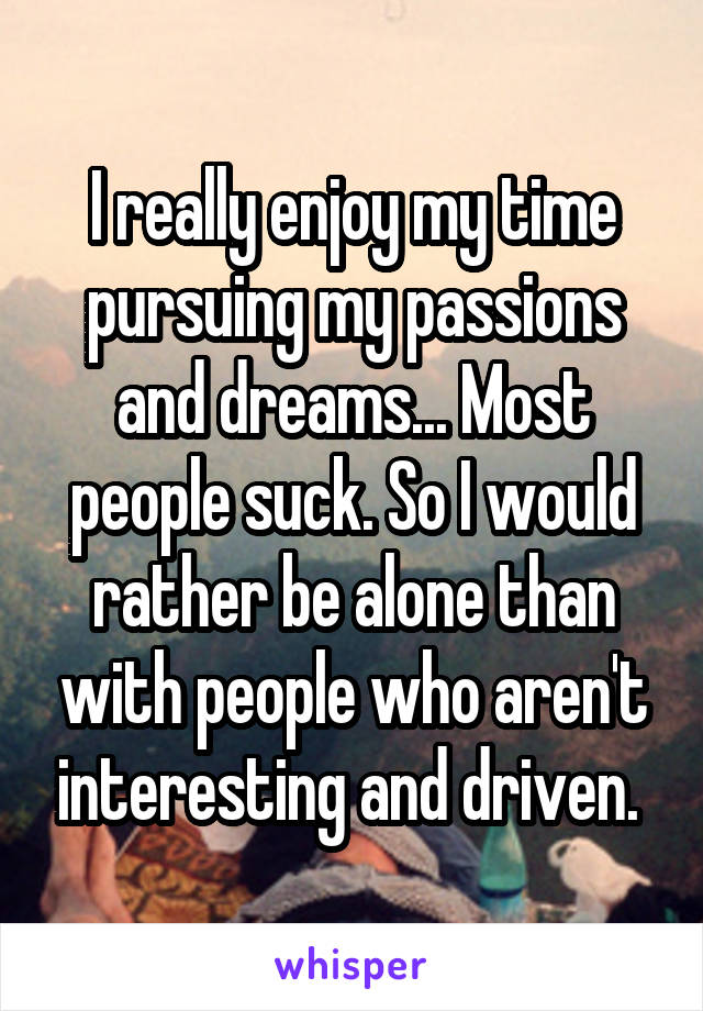 I really enjoy my time pursuing my passions and dreams... Most people suck. So I would rather be alone than with people who aren't interesting and driven. 