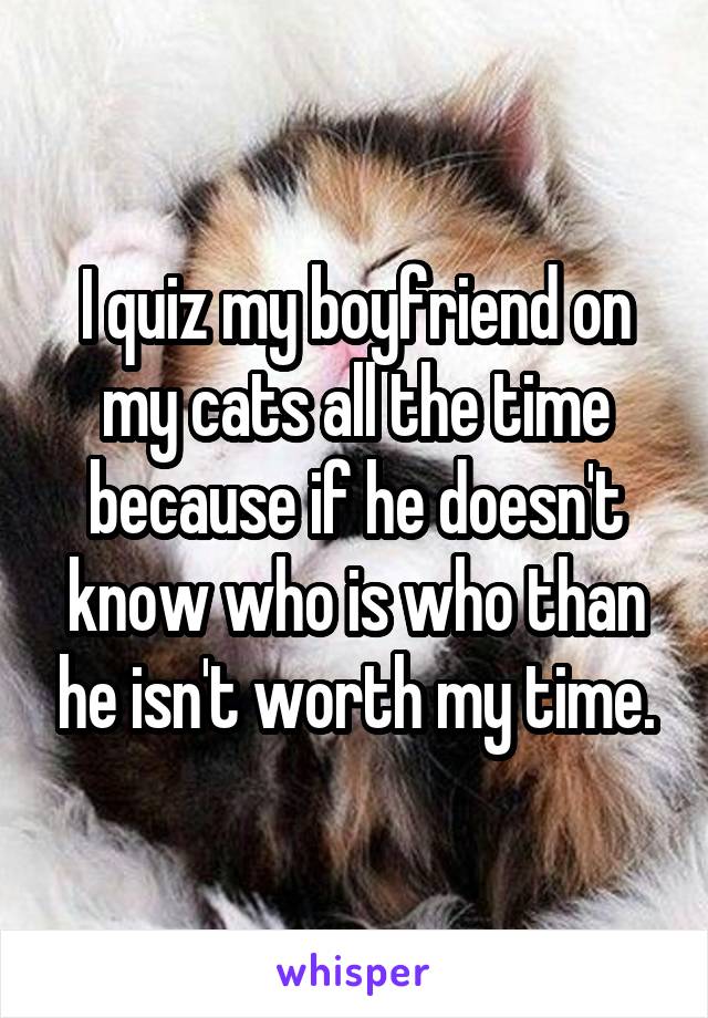 I quiz my boyfriend on my cats all the time because if he doesn't know who is who than he isn't worth my time.