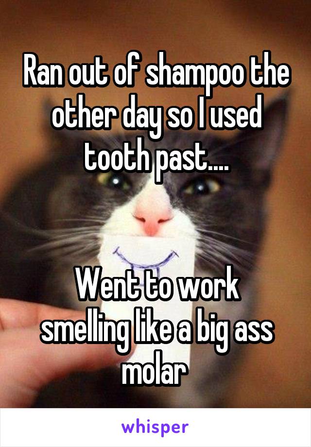 Ran out of shampoo the other day so I used tooth past....
 

Went to work smelling like a big ass molar 