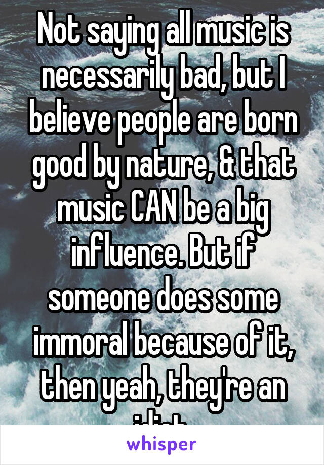 Not saying all music is necessarily bad, but I believe people are born good by nature, & that music CAN be a big influence. But if someone does some immoral because of it, then yeah, they're an idiot.