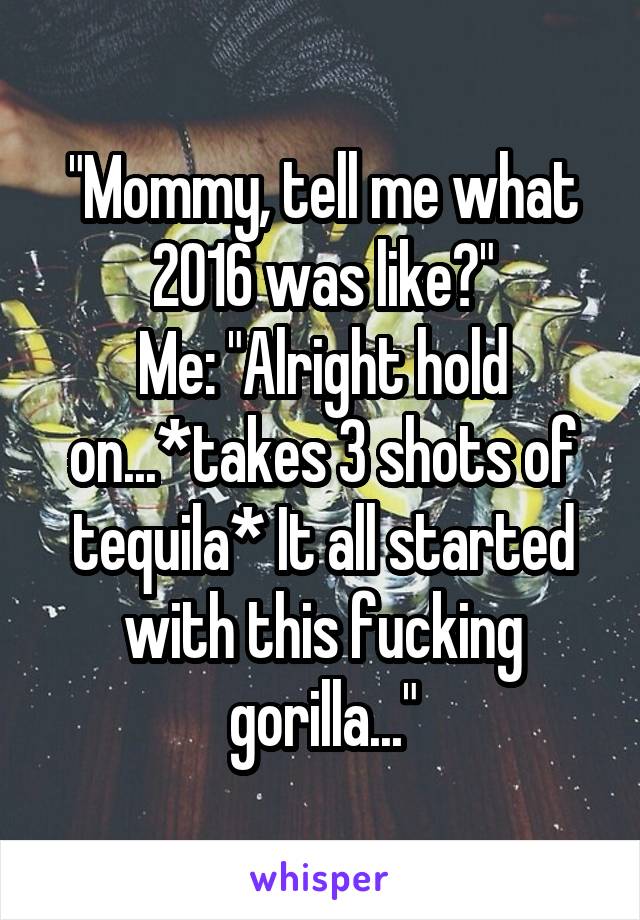 "Mommy, tell me what 2016 was like?"
Me: "Alright hold on...*takes 3 shots of tequila* It all started with this fucking gorilla..."