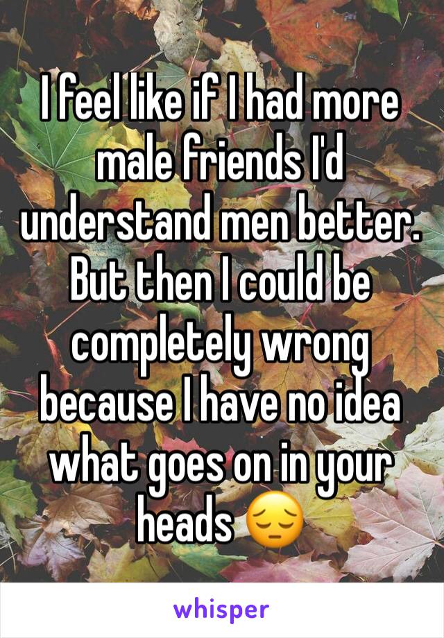 I feel like if I had more male friends I'd understand men better. But then I could be completely wrong because I have no idea what goes on in your heads 😔