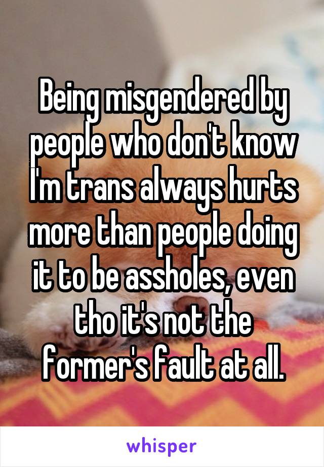 Being misgendered by people who don't know I'm trans always hurts more than people doing it to be assholes, even tho it's not the former's fault at all.