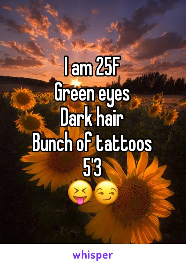 I am 25F
Green eyes
Dark hair 
Bunch of tattoos
5'3
😝😏