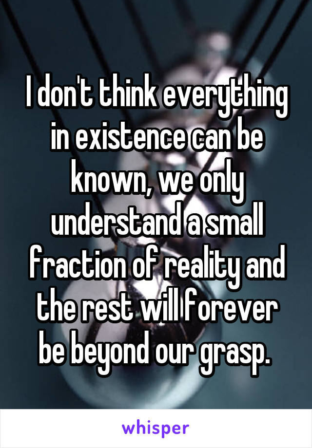 I don't think everything in existence can be known, we only understand a small fraction of reality and the rest will forever be beyond our grasp. 