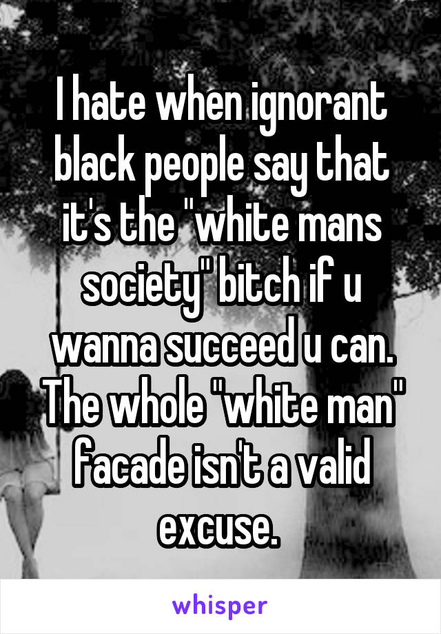 I hate when ignorant black people say that it's the "white mans society" bitch if u wanna succeed u can. The whole "white man" facade isn't a valid excuse. 