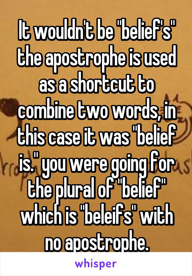 It wouldn't be "belief's" the apostrophe is used as a shortcut to combine two words, in this case it was "belief is." you were going for the plural of "belief" which is "beleifs" with no apostrophe.