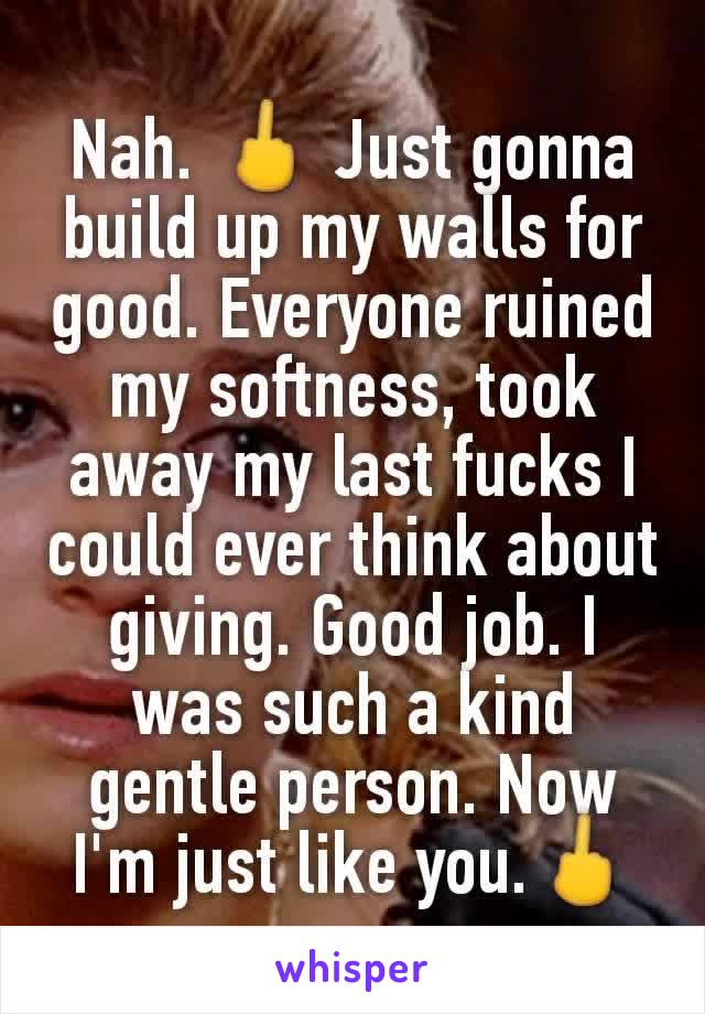 Nah. 🖕 Just gonna build up my walls for good. Everyone ruined my softness, took away my last fucks I could ever think about giving. Good job. I was such a kind gentle person. Now I'm just like you.🖕