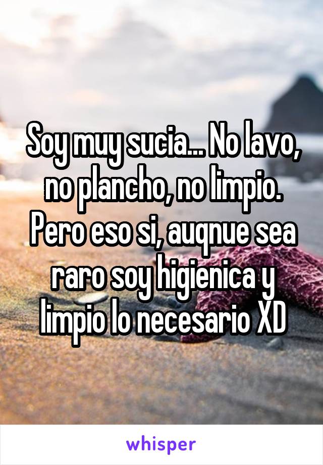 Soy muy sucia... No lavo, no plancho, no limpio. Pero eso si, auqnue sea raro soy higienica y limpio lo necesario XD