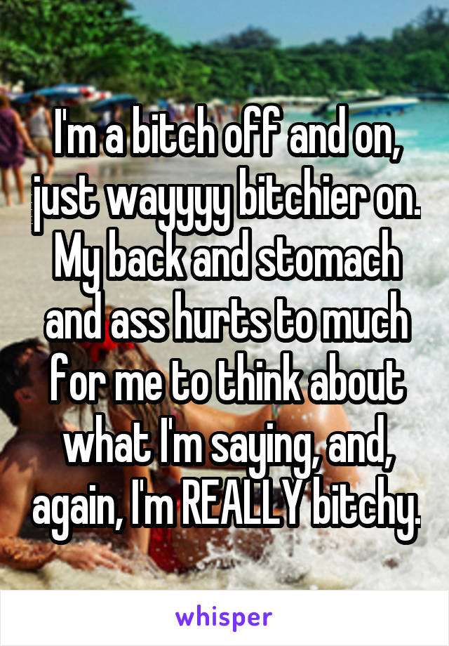 I'm a bitch off and on, just wayyyy bitchier on. My back and stomach and ass hurts to much for me to think about what I'm saying, and, again, I'm REALLY bitchy.