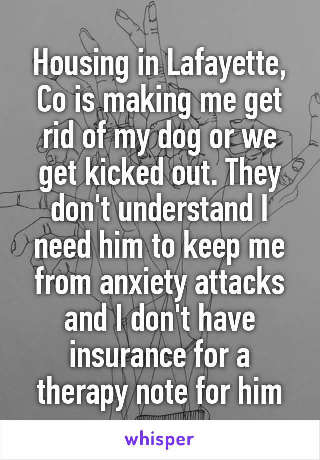 Housing in Lafayette, Co is making me get rid of my dog or we get kicked out. They don't understand I need him to keep me from anxiety attacks and I don't have insurance for a therapy note for him