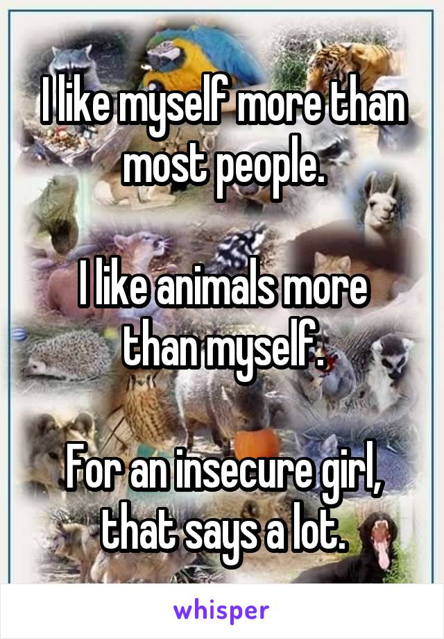 I like myself more than most people.

I like animals more than myself.

For an insecure girl, that says a lot.