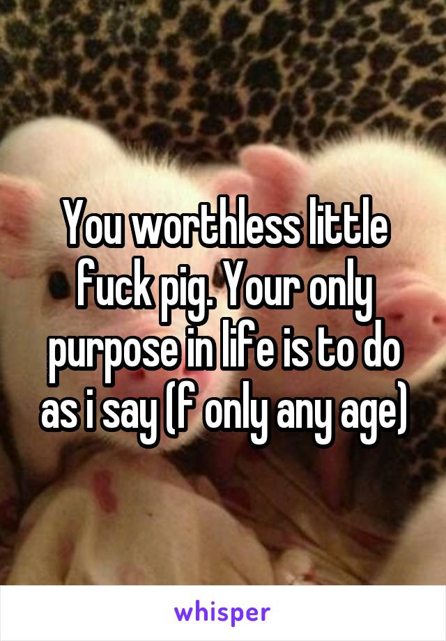 You worthless little fuck pig. Your only purpose in life is to do as i say (f only any age)