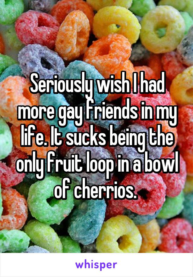 Seriously wish I had more gay friends in my life. It sucks being the only fruit loop in a bowl of cherrios. 