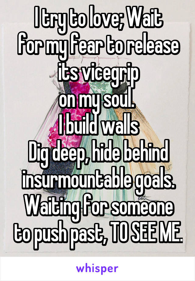 I try to love; Wait
for my fear to release its vicegrip
on my soul. 
I build walls
Dig deep, hide behind insurmountable goals.
Waiting for someone to push past, TO SEE ME. 