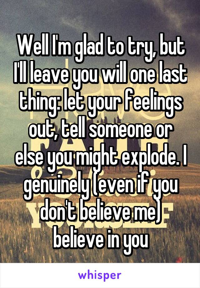 Well I'm glad to try, but I'll leave you will one last thing: let your feelings out, tell someone or else you might explode. I genuinely (even if you don't believe me) believe in you