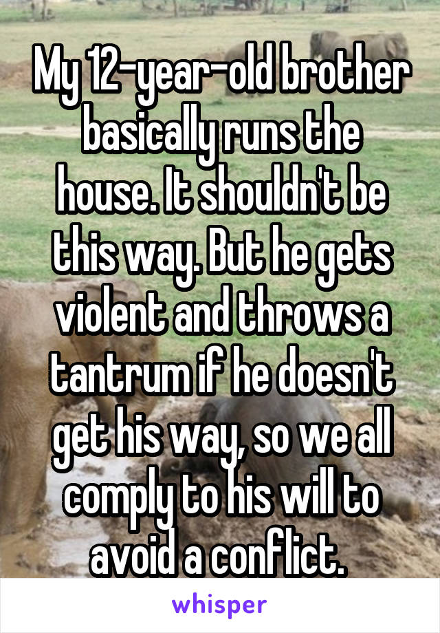 My 12-year-old brother basically runs the house. It shouldn't be this way. But he gets violent and throws a tantrum if he doesn't get his way, so we all comply to his will to avoid a conflict. 