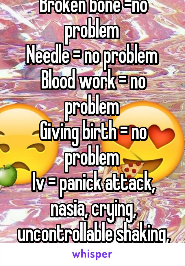 Broken bone =no problem 
Needle = no problem 
Blood work = no problem 
Giving birth = no problem 
Iv = panick attack, nasia, crying, uncontrollable shaking, dead fear. 