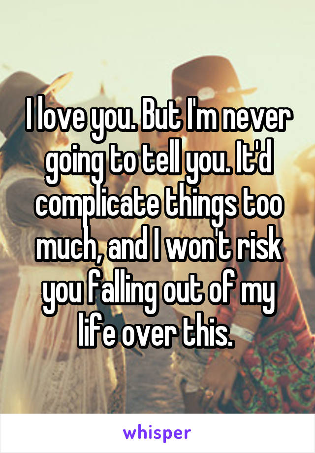 I love you. But I'm never going to tell you. It'd complicate things too much, and I won't risk you falling out of my life over this. 