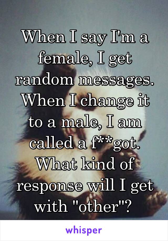 When I say I'm a female, I get random messages. When I change it to a male, I am called a f**got. What kind of response will I get with "other"? 