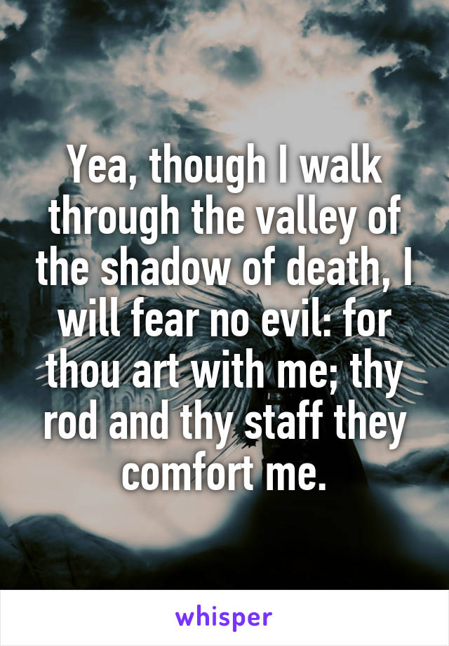 Yea, though I walk through the valley of the shadow of death, I will fear no evil: for thou art with me; thy rod and thy staff they comfort me.