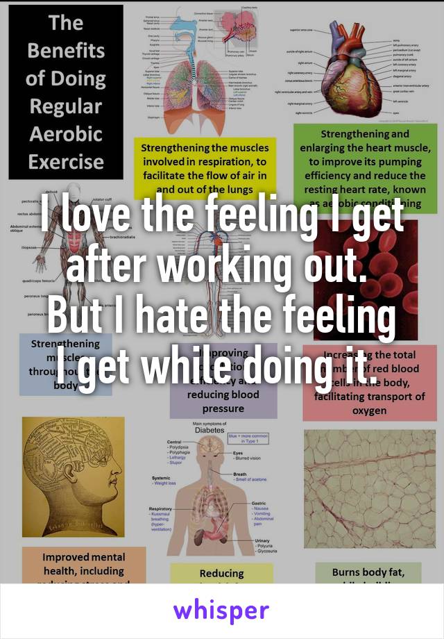 I love the feeling I get after working out. 
But I hate the feeling I get while doing it. 
