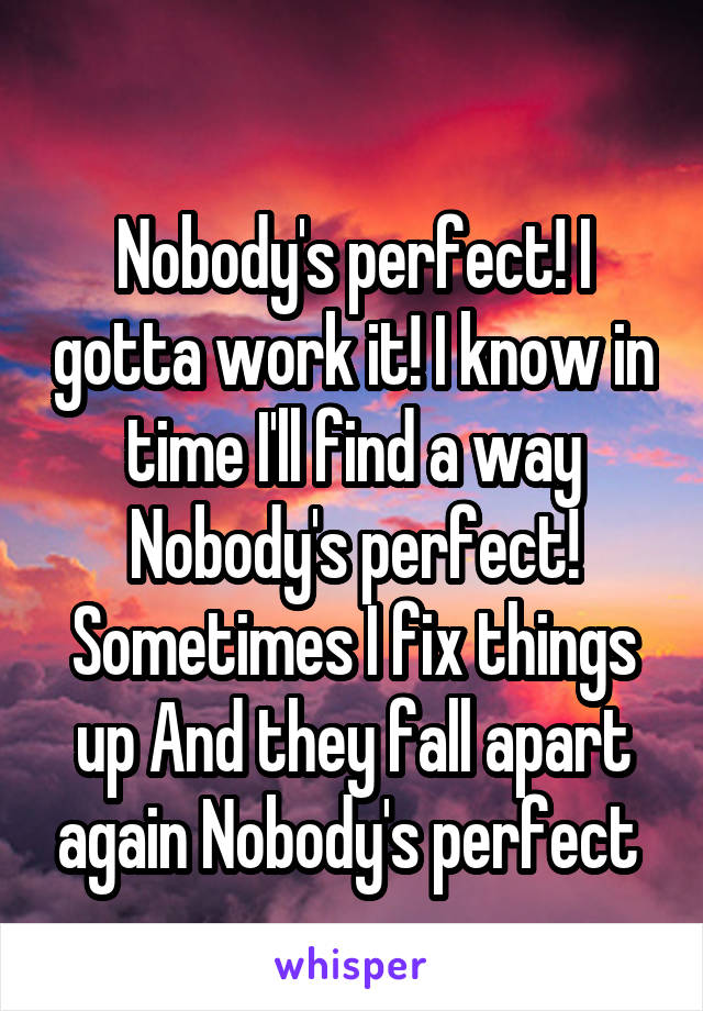 
Nobody's perfect! I gotta work it! I know in time I'll find a way Nobody's perfect!
Sometimes I fix things up And they fall apart again Nobody's perfect 