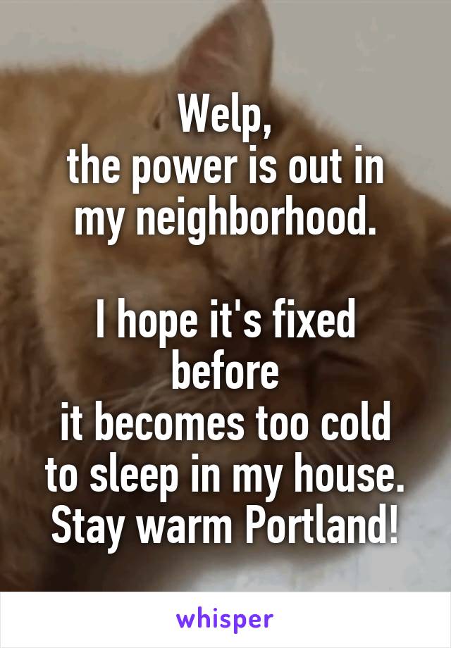 Welp,
the power is out in my neighborhood.

I hope it's fixed before
 it becomes too cold 
to sleep in my house.
Stay warm Portland!