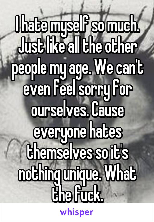 I hate myself so much. Just like all the other people my age. We can't even feel sorry for ourselves. Cause everyone hates themselves so it's nothing unique. What the fuck.