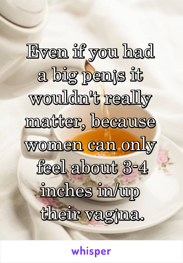 Even if you had 
a big pen¡s it 
wouldn't really 
matter, because 
women can only 
feel about 3-4
inches in/up 
their vag¡na.