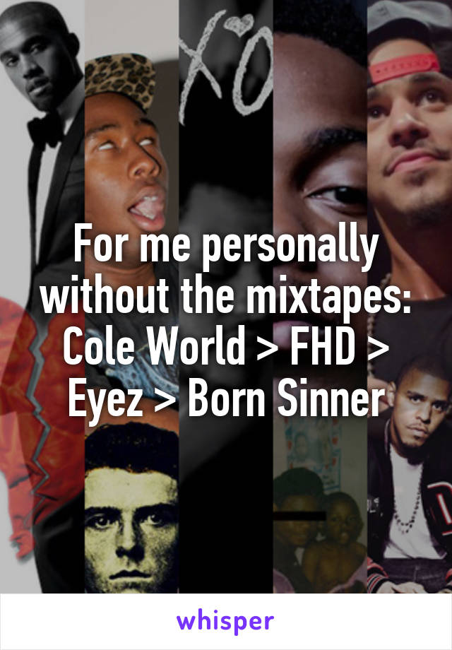 For me personally without the mixtapes:
Cole World > FHD > Eyez > Born Sinner