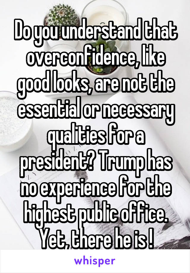 Do you understand that overconfidence, like good looks, are not the essential or necessary qualities for a president? Trump has no experience for the highest public office. Yet, there he is !