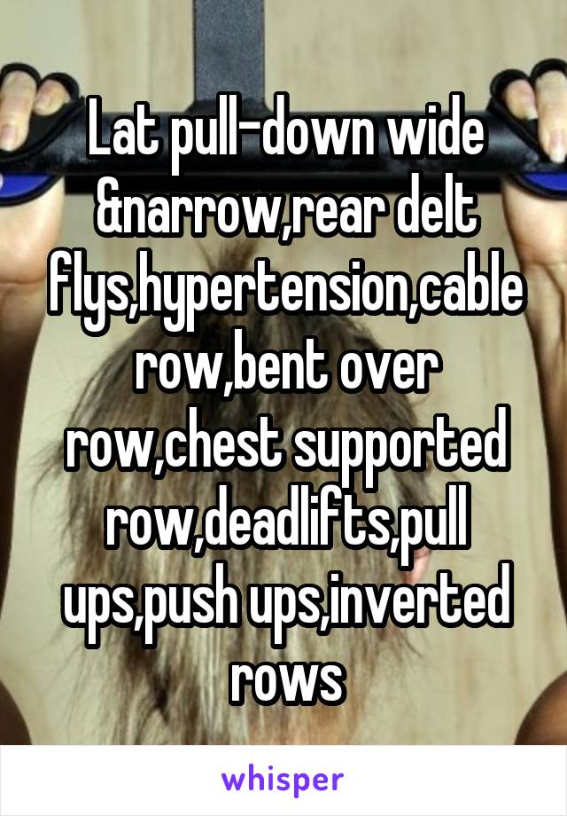 Lat pull-down wide &narrow,rear delt flys,hypertension,cable row,bent over row,chest supported row,deadlifts,pull ups,push ups,inverted rows