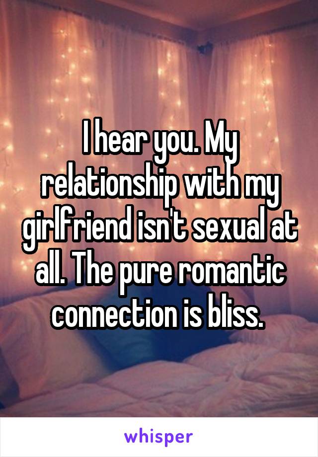 I hear you. My relationship with my girlfriend isn't sexual at all. The pure romantic connection is bliss. 