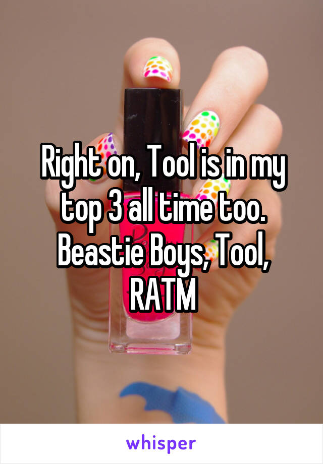 Right on, Tool is in my top 3 all time too. Beastie Boys, Tool, RATM