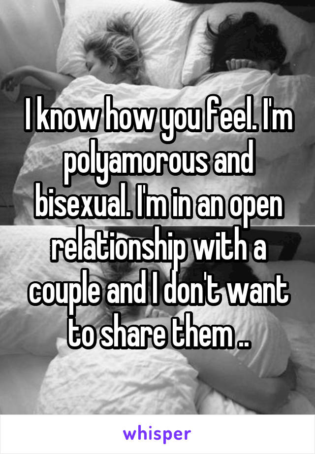 I know how you feel. I'm polyamorous and bisexual. I'm in an open relationship with a couple and I don't want to share them ..