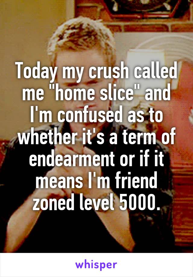 Today my crush called me "home slice" and I'm confused as to whether it's a term of endearment or if it means I'm friend zoned level 5000.