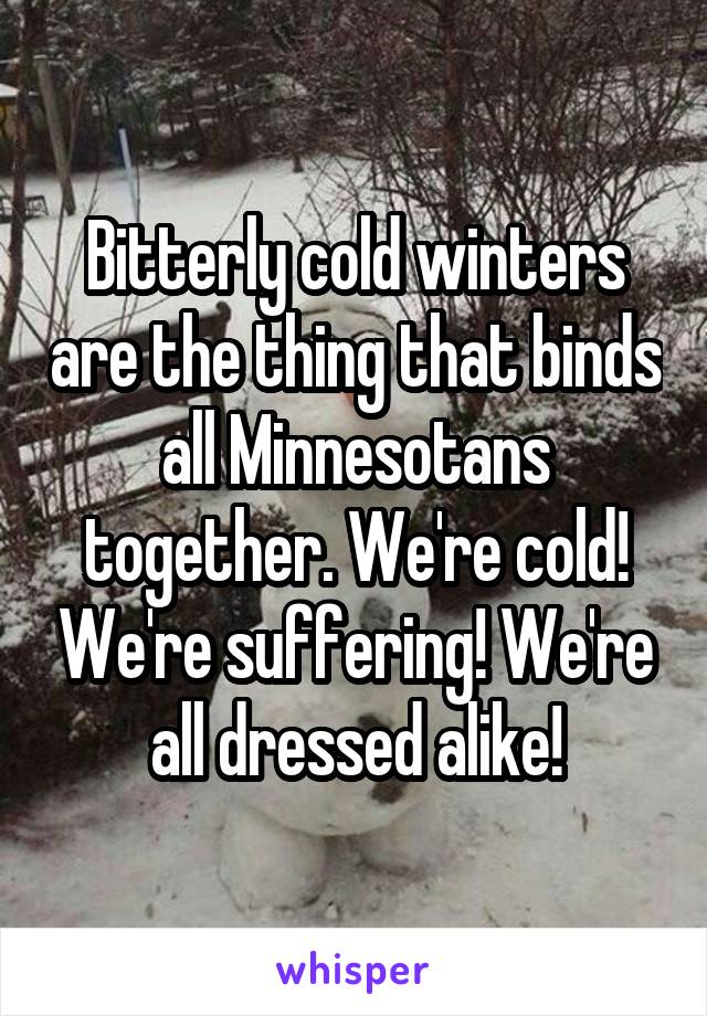 Bitterly cold winters are the thing that binds all Minnesotans together. We're cold! We're suffering! We're all dressed alike!