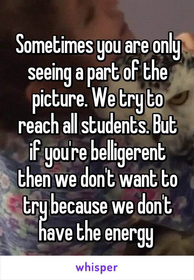 Sometimes you are only seeing a part of the picture. We try to reach all students. But if you're belligerent then we don't want to try because we don't have the energy 