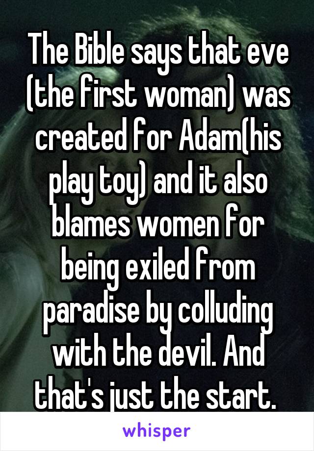 The Bible says that eve (the first woman) was created for Adam(his play toy) and it also blames women for being exiled from paradise by colluding with the devil. And that's just the start. 