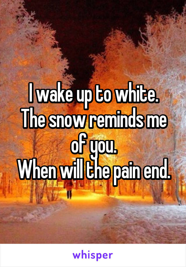 I wake up to white.
The snow reminds me of you.
When will the pain end.