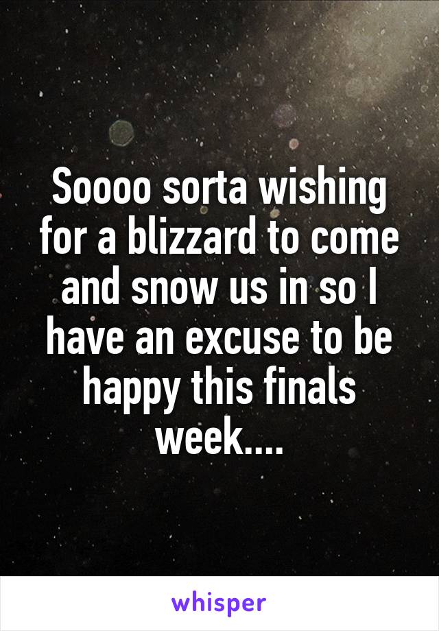 Soooo sorta wishing for a blizzard to come and snow us in so I have an excuse to be happy this finals week....